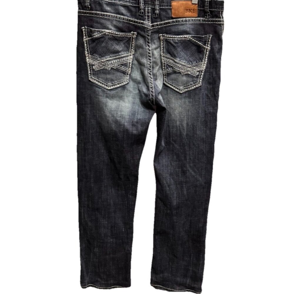 BKE Tyler Straight Leg Jeans Mens 34x29 Stretch Buckle Thick Stitch Whiskering - Picture 5 of 7